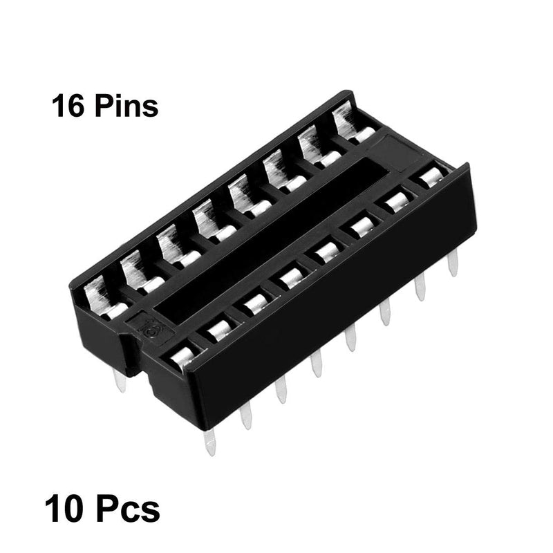 uxcell 10-pack DIP IC chip socket adaptors with 2.54mm pitch, 2-row, 16 flat pins for soldering and electronic prototyping.
