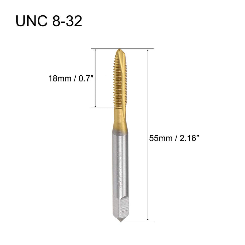 [Australia - AusPower] - uxcell Spiral Point Plug Threading Tap UNC 8-32 Thread, Ground Threads H2 3 Flutes, High Speed Steel HSS 6542, Titanium Coated, Round Shank with Square End, 2pcs 