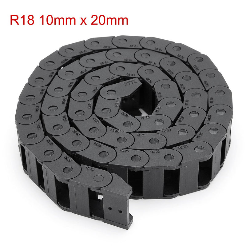 Black plastic uxcell R18 twist cable wire carrier drag chain, 10mm x 20mm, 1 meter length, designed for CNC machine applications.