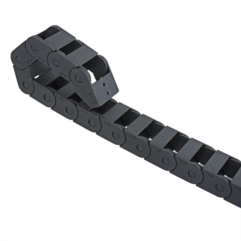 Black plastic uxcell R18 twist cable drag chain, 10mm x 20mm, 1 meter length, designed for CNC wire management and cable protection.