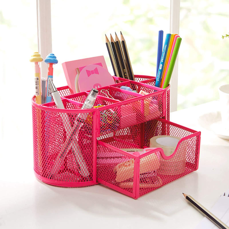 [Australia - AusPower] - VANRA Metal Mesh Desk Supply Caddy Desktop Office Supplies Organizer Supply Holder 8 Compartments with Drawer (Pink) 