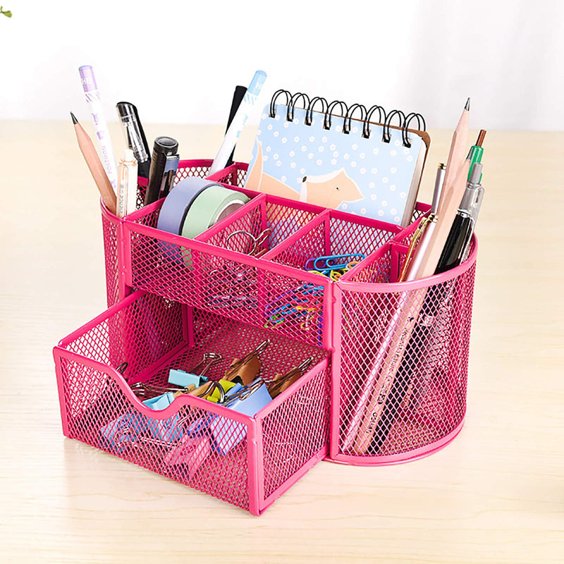 [Australia - AusPower] - VANRA Metal Mesh Desk Supply Caddy Desktop Office Supplies Organizer Supply Holder 8 Compartments with Drawer (Pink) 