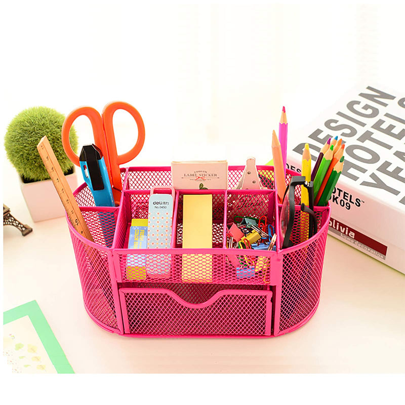 [Australia - AusPower] - VANRA Metal Mesh Desk Supply Caddy Desktop Office Supplies Organizer Supply Holder 8 Compartments with Drawer (Pink) 