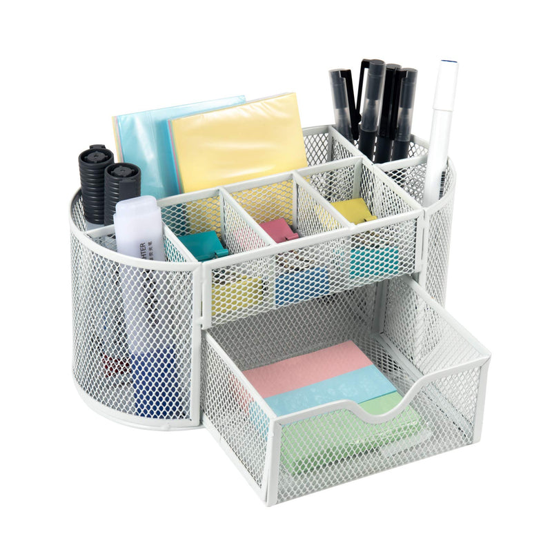 [Australia - AusPower] - VANRA Metal Mesh Desk Supply Caddy Desktop Office Supplies Organizer Supply Holder 8 Compartments with Drawer (White) White 