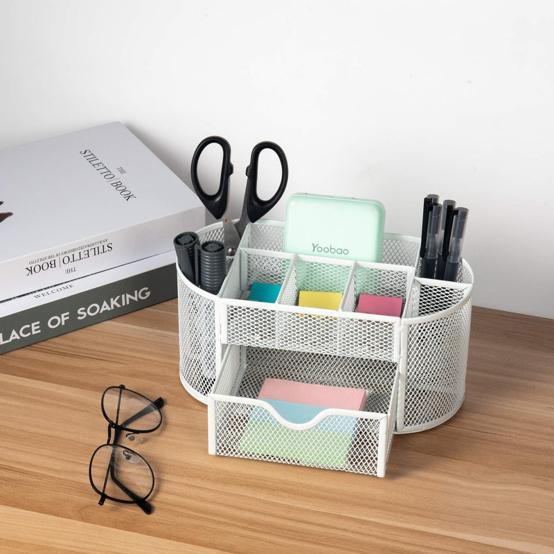[Australia - AusPower] - VANRA Metal Mesh Desk Supply Caddy Desktop Office Supplies Organizer Supply Holder 8 Compartments with Drawer (White) White 