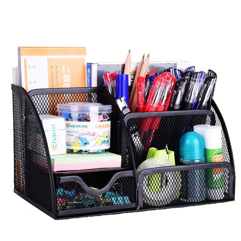 [Australia - AusPower] - VANRA Office Supply Caddy Mesh Desk Organizer School Supply Holder 6 Compartments with Drawer (Black) 