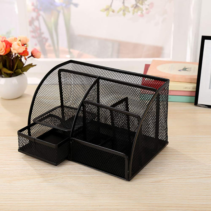 [Australia - AusPower] - VANRA Office Supply Caddy Mesh Desk Organizer School Supply Holder 6 Compartments with Drawer (Black) 