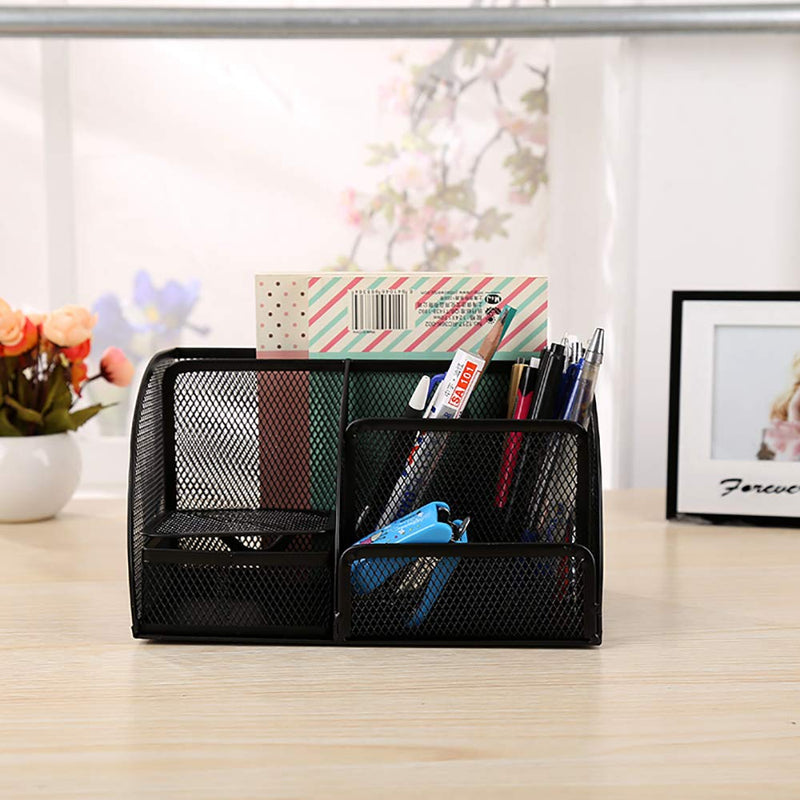 [Australia - AusPower] - VANRA Office Supply Caddy Mesh Desk Organizer School Supply Holder 6 Compartments with Drawer (Black) 