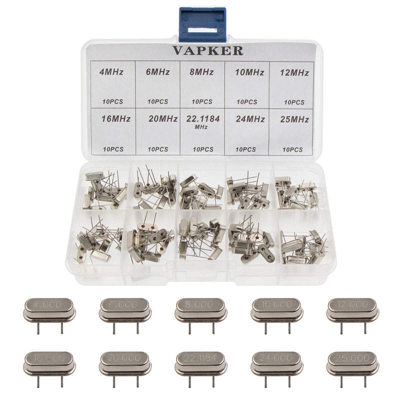 [Australia - AusPower] - VAPKER 100 Pcs 10 value DIP Quartz Crystal Oscillator 4M,6M,8M,10M,12M,16M,20M,22.1184M,24M,25M Crystal Resonators Oscillator Assortment Kit 
