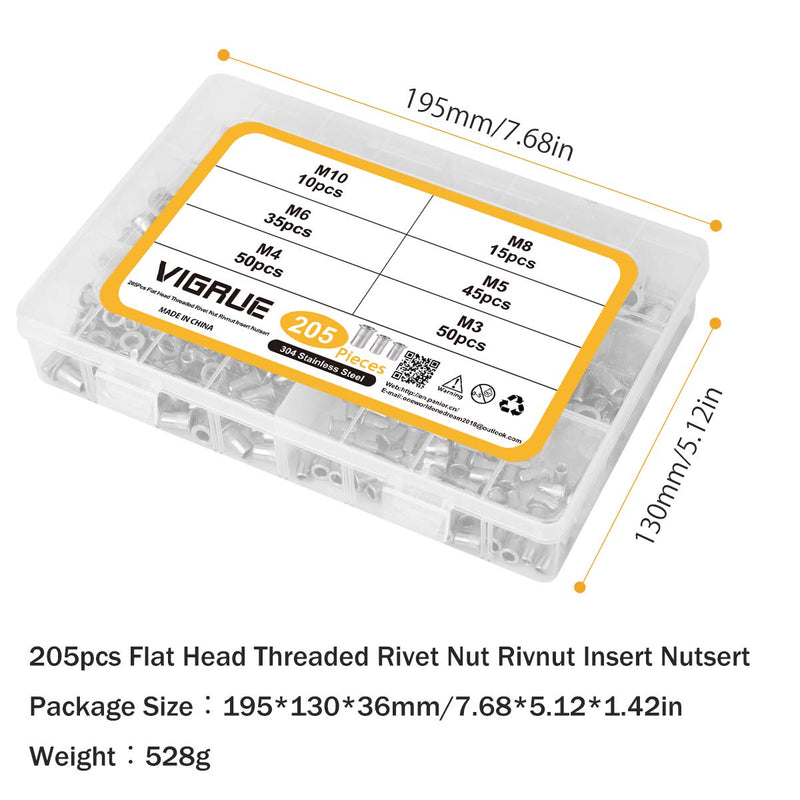[Australia - AusPower] - VIGRUE 205PCS 304 Stainless Steel Rivet Nut Assort Set Flat Head Threaded Rivetnut Insert Nutserts Assortment Kit(M3| M4| M5| M6| M8| M10) 1 