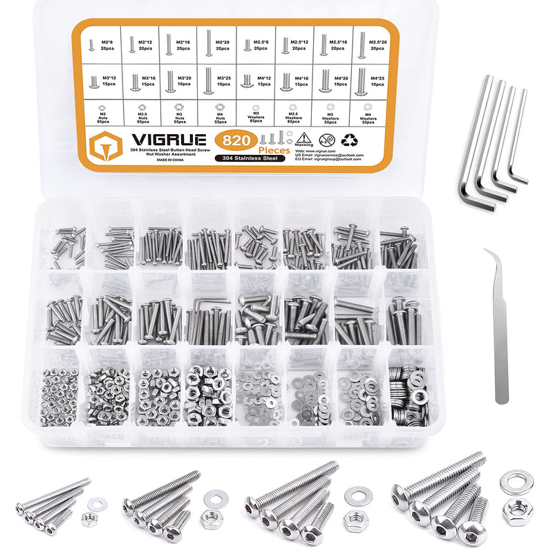 [Australia - AusPower] - VIGRUE 820pcs M2 M2.5 M3 M4 Button Head Socket Cap Screws Bolts Nuts Washers Assortment Kit, 304 Stainless Steel 
