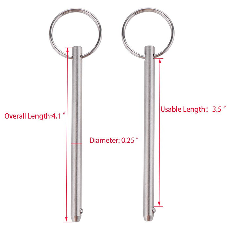 [Australia - AusPower] - 2 Pack Quick Release Pin, Diameter 1/4"(6.3mm), Overall Length 4.1"(105mm), Usable Length 3-1/2"(89mm), Full 316 Stainless Steel, Bimini Top Pin, Marine Hardware 