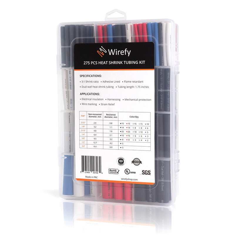 [Australia - AusPower] - Wirefy Heat Shrink Tubing Kit - 3:1 Ratio Adhesive Lined, Marine Grade Shrink Wrap - Automotive Industrial Heat-Shrink Tubing - Black, Red, White, Clear, Blue - 275 PCS 