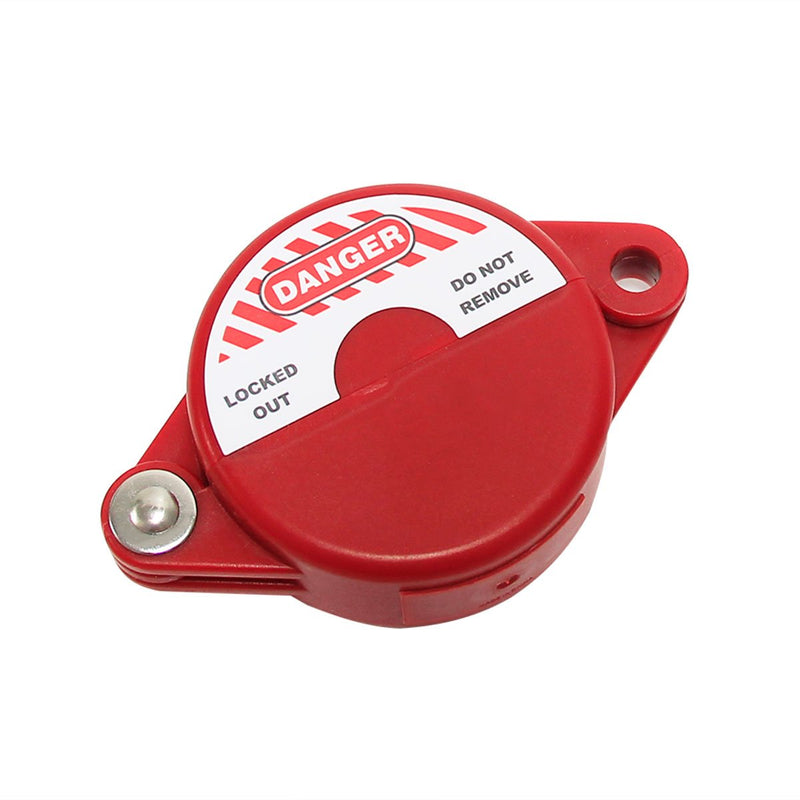 Wisamic gate valve lockout in red, fits 1 to 2.5 inch valves, with 3/8 inch padlock hole for hose bib, petroleum, and gas valves.