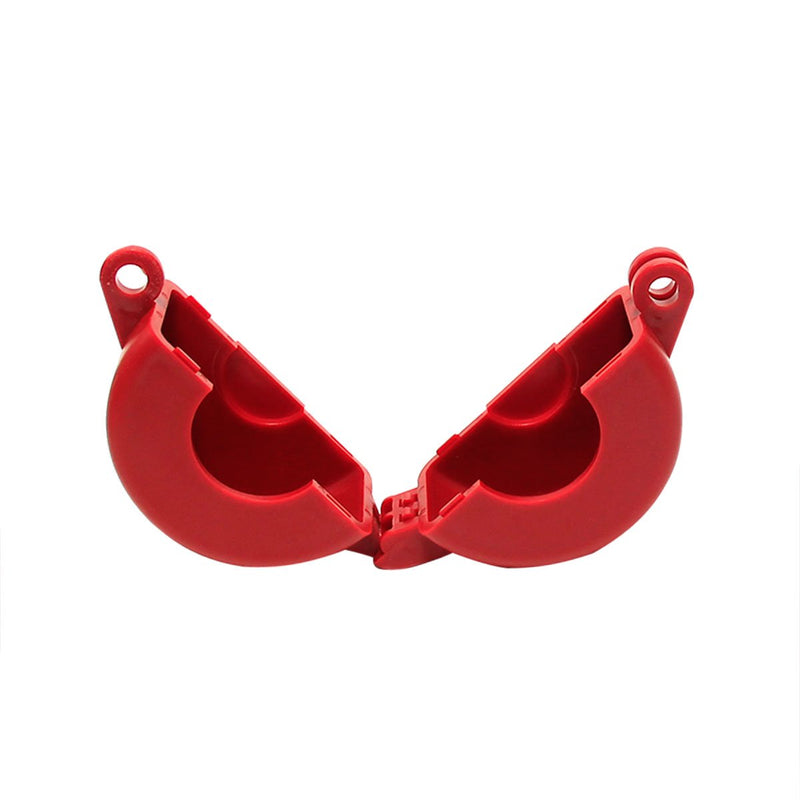 Red Wisamic gate valve lockout device for 1 to 2.5-inch valves, with 3/8-inch padlock hole for hose bib, petroleum, gas, and chemical valves.