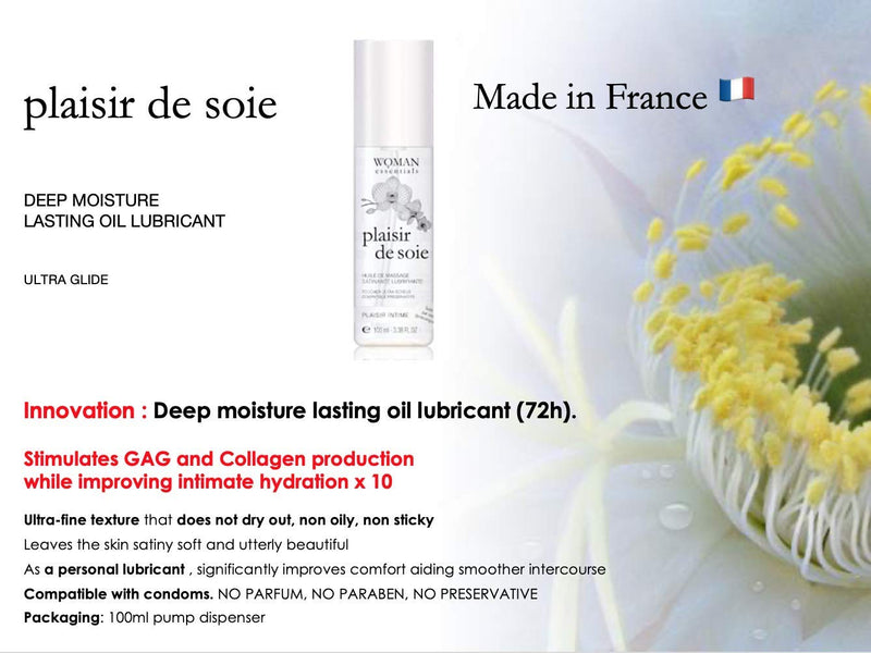 [Australia - AusPower] - Woman Essentials - PLAISIR DE Soie - Deep Moisture Lasting Massage Oil and Intimate Moisturiser. Made in France. Dermatologically Tested. Ultra-Glide, Non Sticky. (100 ml) 