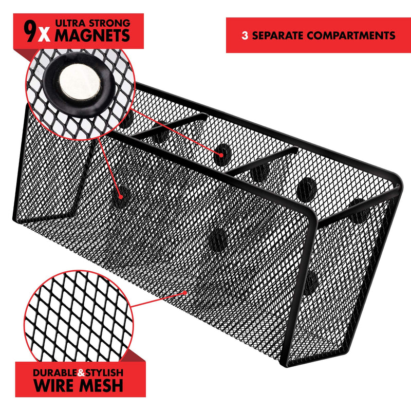 [Australia - AusPower] - Workablez Magnetic Pencil Holder - 3 Generous Compartments Magnetic Storage Basket Organizer - Extra Strong Magnets - Perfect Mesh Pen Holder to Hold Whiteboard, Locker Accessories… 
