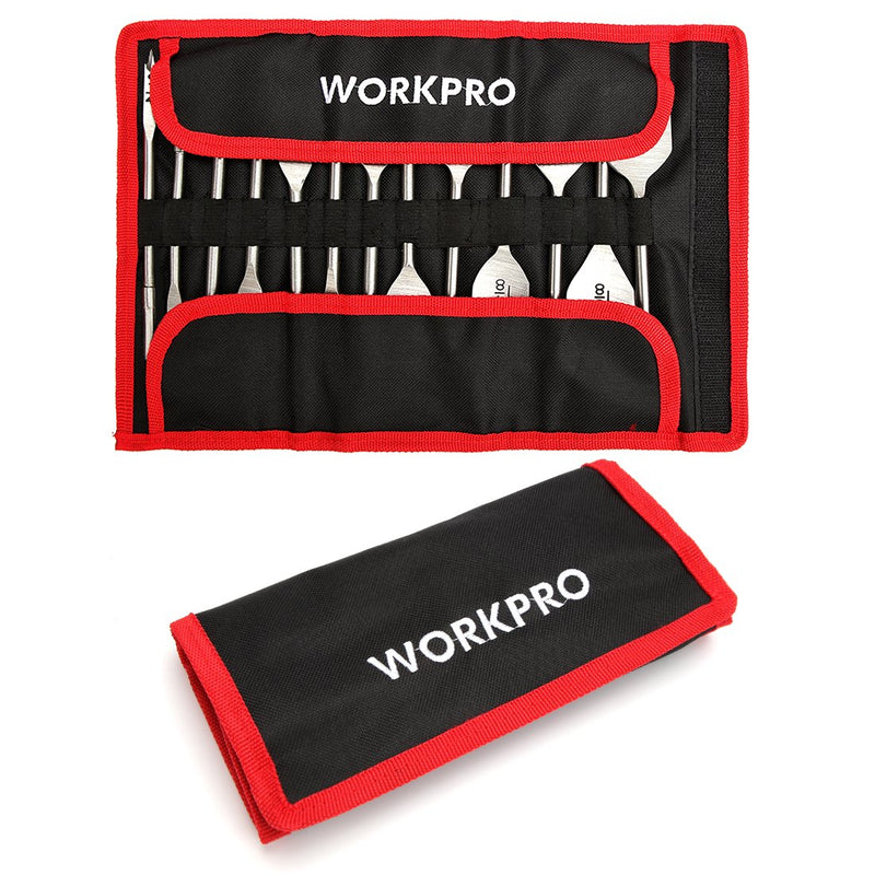 [Australia - AusPower] - WORKPRO 13-Piece Spade Drill Bit Set in SAE, Paddle Flat Bits for Woodworking, Nylon Storage Pouch Included 