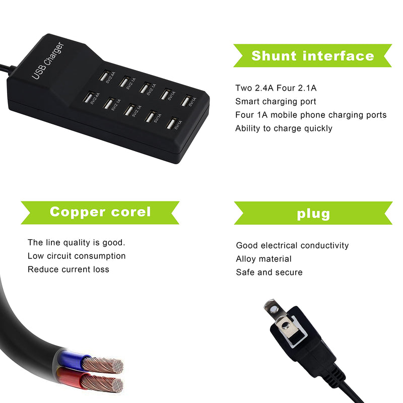 [Australia - AusPower] - Wyssay USB Charger,5V 10A(50W) USB Charging Station with 10-Port Family-Sized Smart USB Ports for Multiple Devices Smart Phone Tablet Laptop Computer Black 