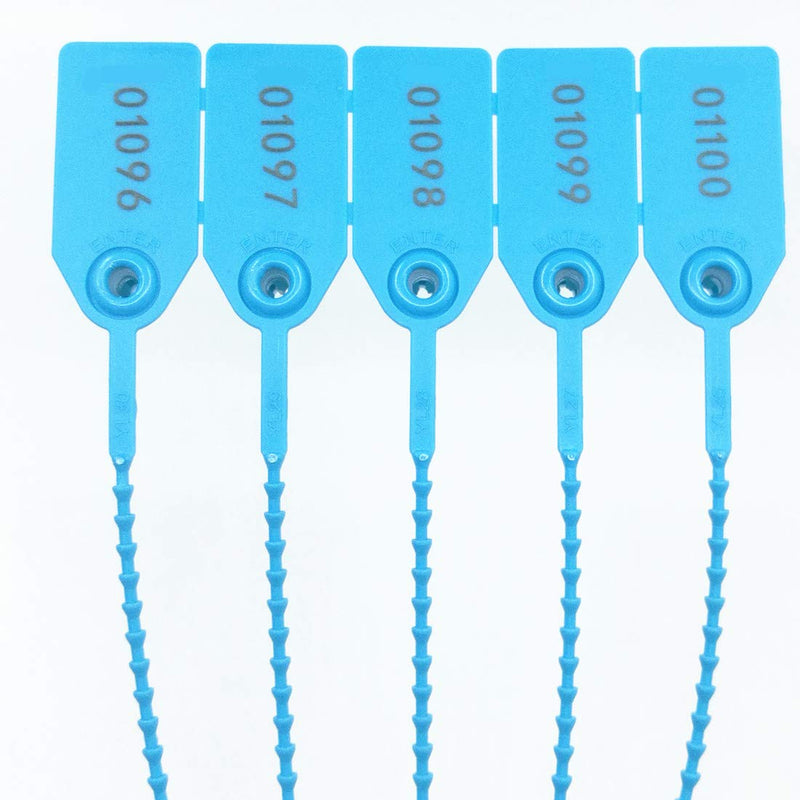 Blue XF-Vel 250mm Pull-Tite plastic security seals shipping tags with numbered disposable signage, set of 100.