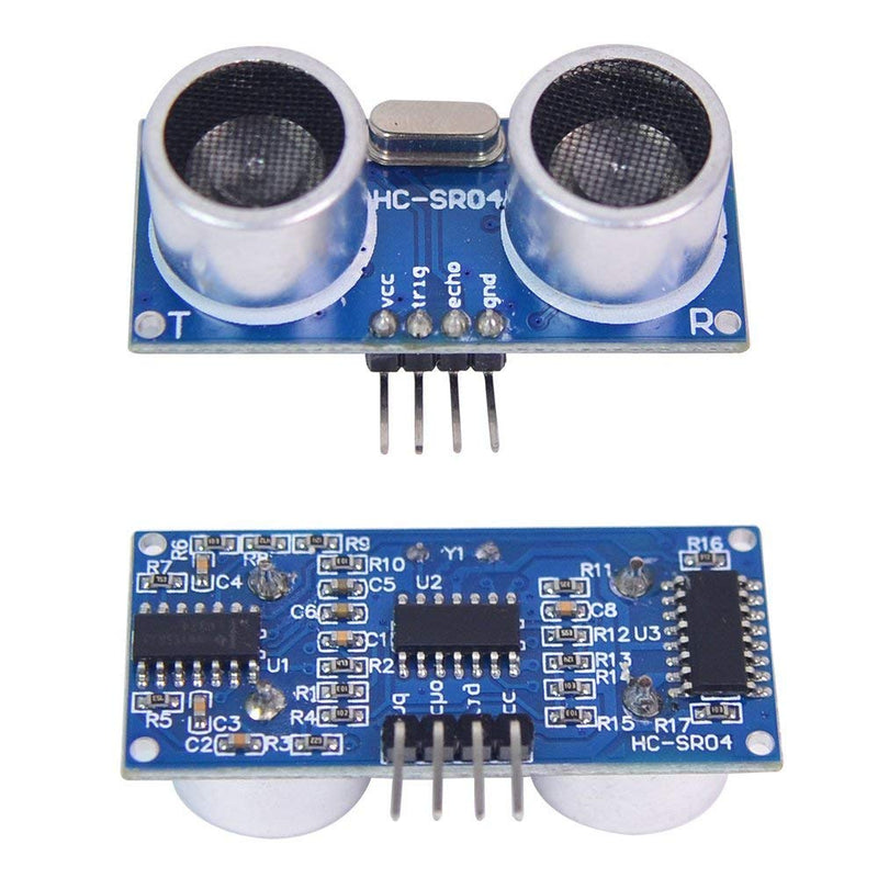 Two XiaoR Geek HC-SR04 ultrasonic distance sensors with mounting brackets for Arduino and Raspberry Pi robotics projects.