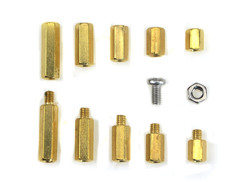 Assortment of XINGYHENG brass and stainless steel M2 and M3 spacer standoffs, screw nuts, and fasteners for electronic or mechanical projects.