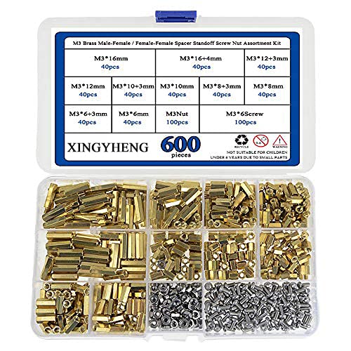 Assorted brass and stainless steel spacer standoff screws and nuts kit with M2 and M3 sizes, arranged neatly for assembly projects.