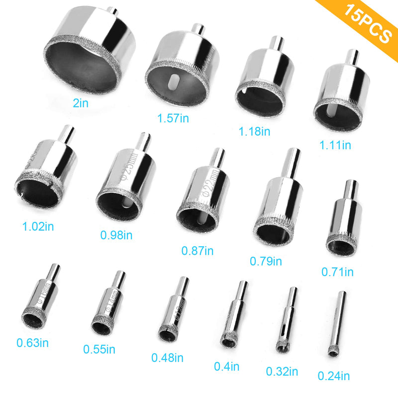 [Australia - AusPower] - 15 Pcs Diamond Drill Bits for Ceramic, Diamond Hole Saw Drill Bit Set Kit, High Quality Glass Drill Bit for Bottles,Pots, Marble, Granite Stone, Tile Cutting 0.23 Inch - 2 Inch（6mm - 50mm）YLYL 