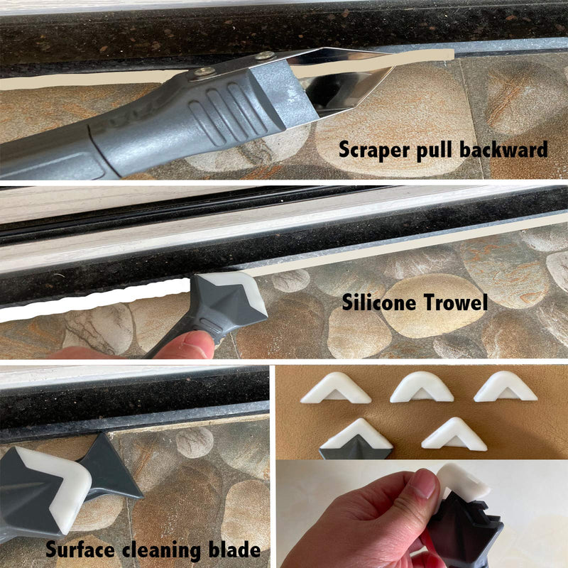 [Australia - AusPower] - YOBZUO 3 in 1 Silicone Caulking Tools（stainless steelhead）, Sealant Finishing Tool Grout Scraper, Reuse and Replace 5 Silicone Pads, Great Tools for Kitchen Bathroom Window, Sink Joint 