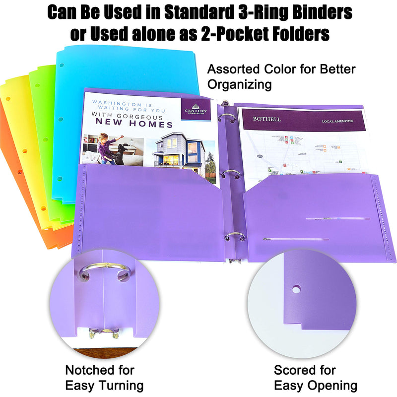 [Australia - AusPower] - Youngever 6 Pack Heavy Duty Plastic Two Pocket Folders, Binder Dividers with Pocket, 3 Hole Punch Folder with Notches, Binder Folders 