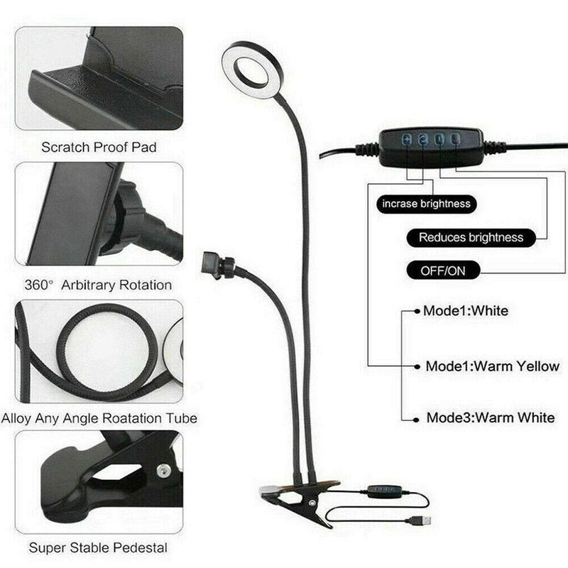[Australia - AusPower] - Universal Selfie Ring Light with Flexible Mobile Phone Holder Lazy Bracket Desk Lamp LED Light for Live Stream Office Kitchen 