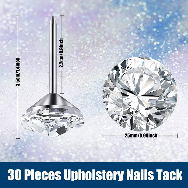 Set of 30 Zonon diamond crystal upholstery nails with 25mm crystal heads, decorative thumb tacks for furniture and cork boards.