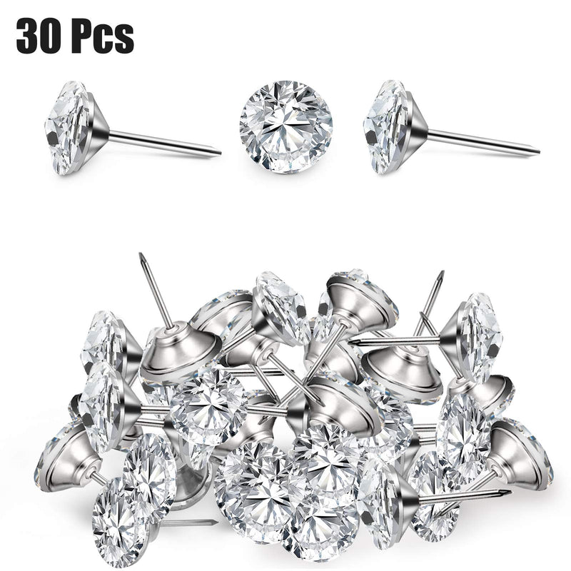 Set of 30 Zonon diamond crystal upholstery nails with crystal heads, 25 mm decorative furniture tacks for sofa, headboards, and cork boards.